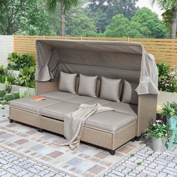 4 Pcs Resin Wicker Patio Sofa Set w/ Retractable Canopy，Lifting Table - Overstock - 35899923