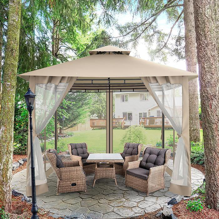 10 ' x 10 ' Gazebos for Patios, Gazebo Canopy with 4 Mosquito Netting, Rainproof & Sunscreen Shelter Tent with Double Eaves for Garden Backyard and Deck