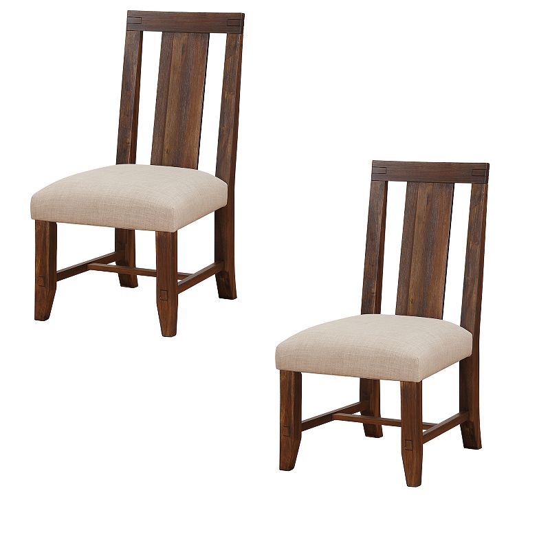 Fabric Upholstered Wooden Chair with Exposed Joints， Set of 2， Brick Brown and Beige