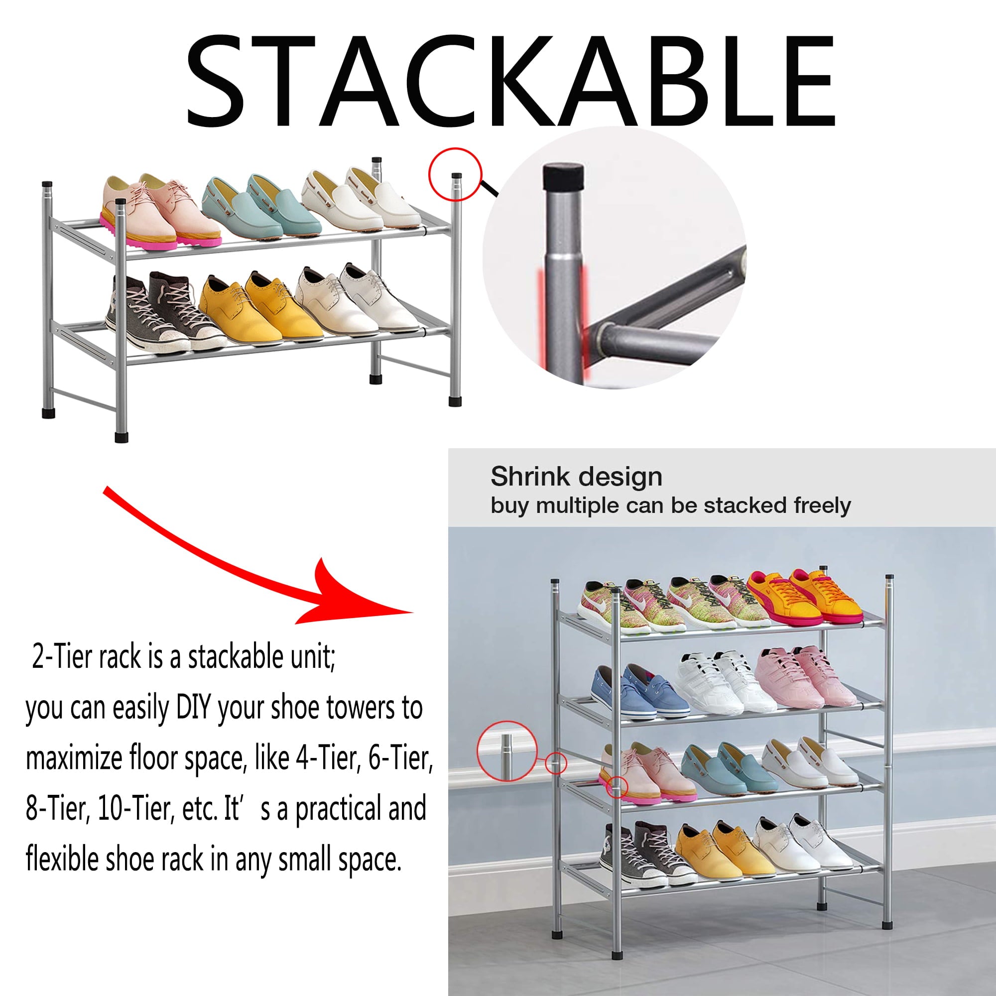 Forthcan Expandable Shoe Rack 2 Tiers Closet Shoe Organizer Shelf for Shoes 12 Pairs，Gray