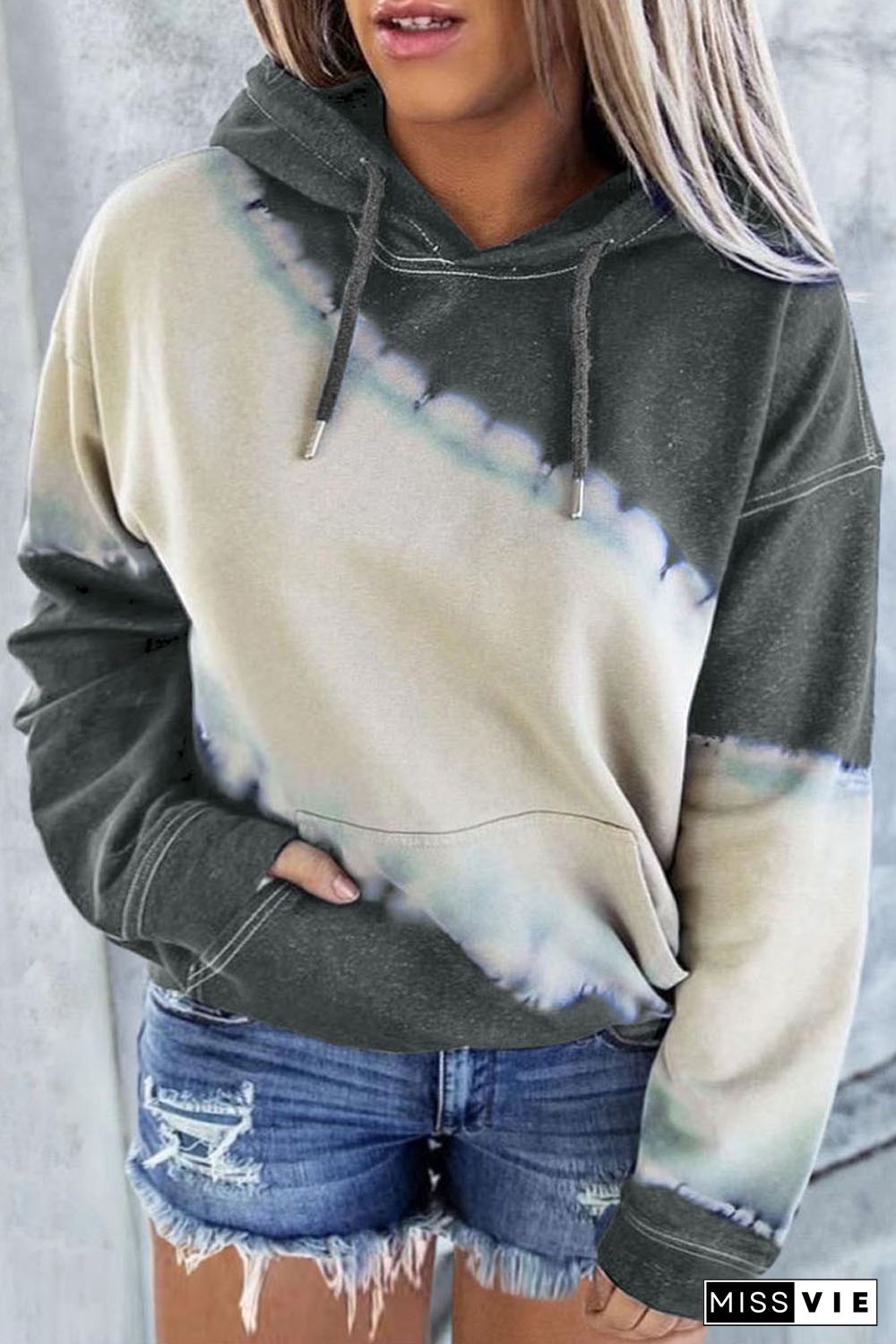 Gray Tie Dyed Color Block Plus Size Hoodie