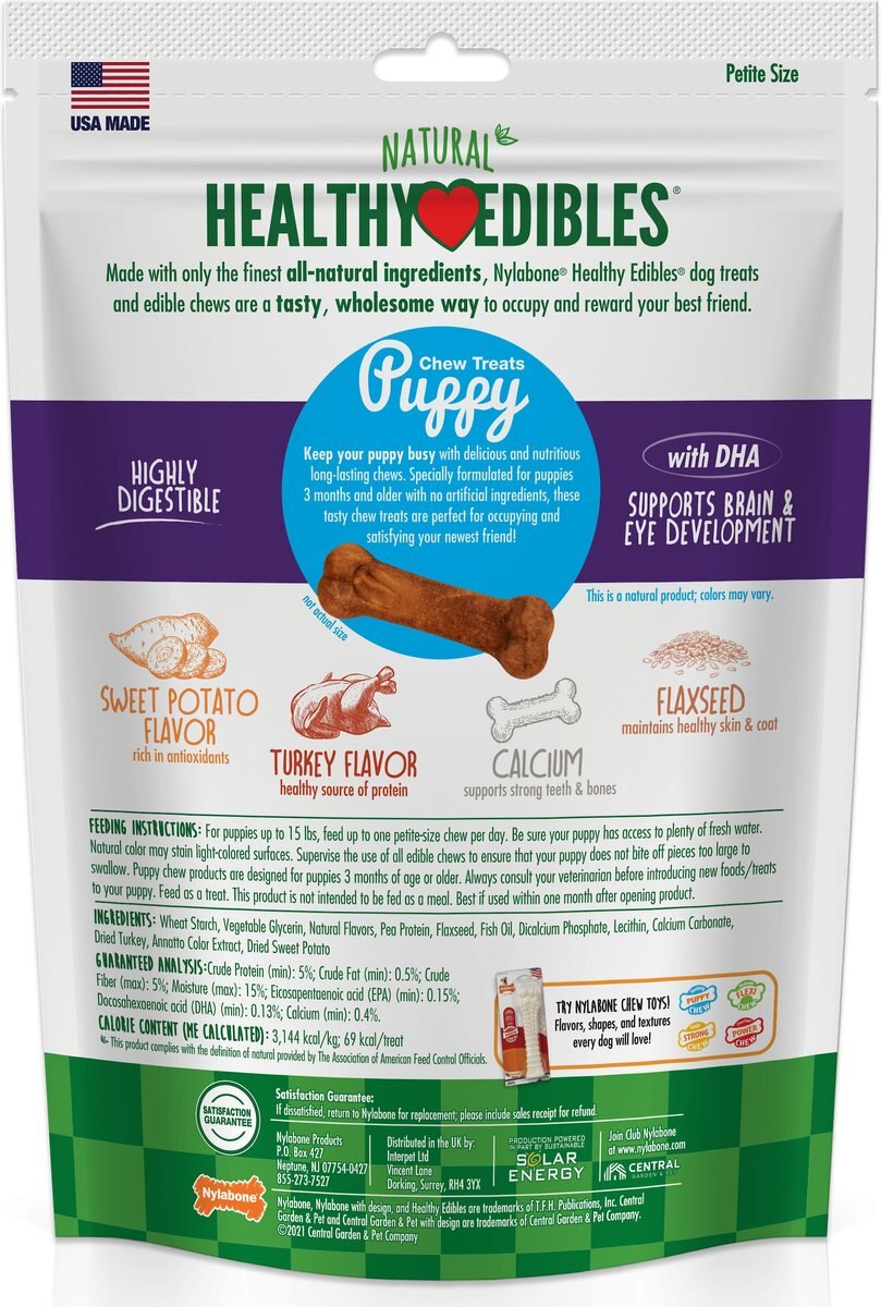 Nylabone Healthy Edibles Puppy Turkey and Sweet Potato Flavor Dog Bone， X-Small， 16 count