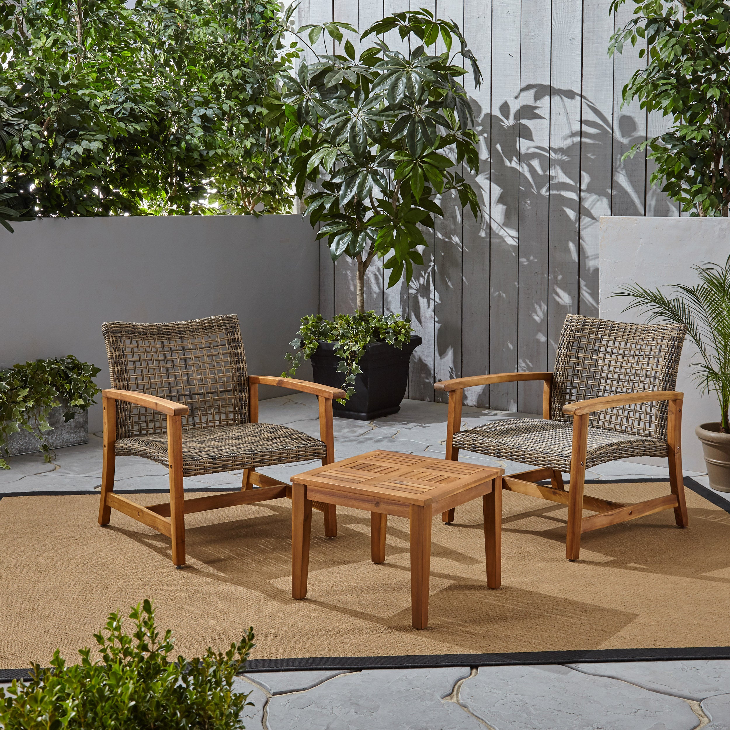 Alyssa Outdoor 3 Piece Wood and Wicker Club Chairs and Side Table Set