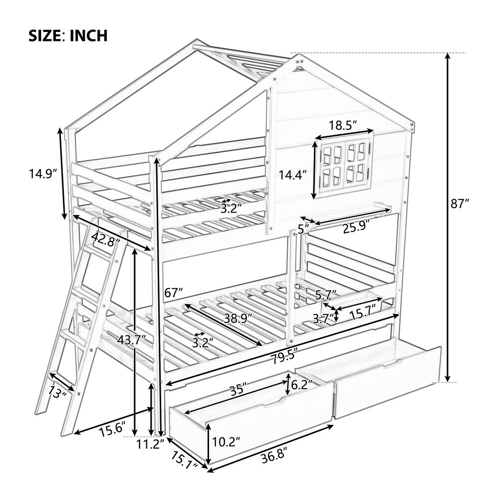 Contemporary Unique Design Twin over Twin Bunk Bed with 2 Drawers  1 Storage Box  1 Shelf and Quality Structure for Bedroom