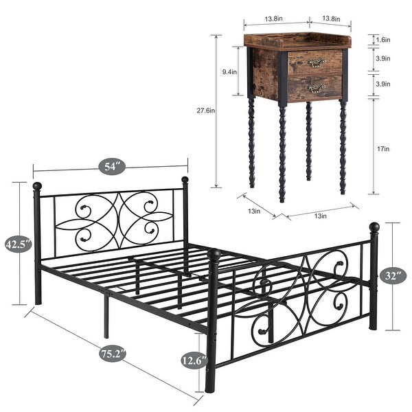 Taomika 3-pieces Bedroom Set with Metal Bed Frame and 2-Drawer Nightstands - - 35937071