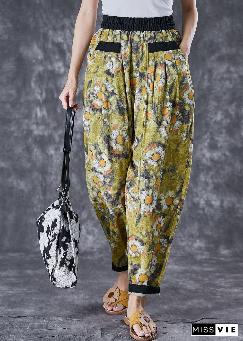 Stylish Green Elastic Waist Patchwork Print Cotton Harem Pants Summer