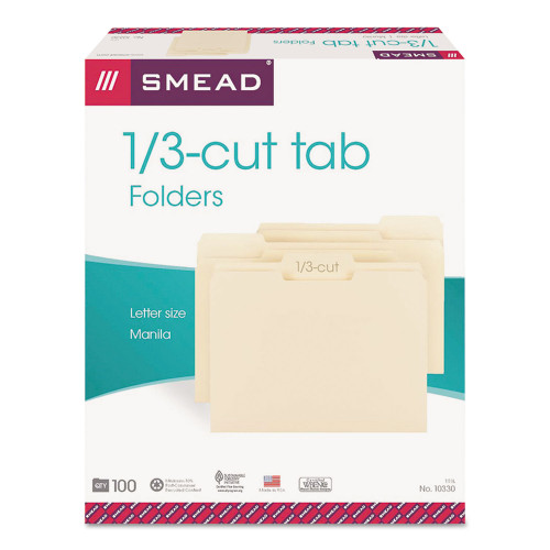 Smead Manila File Folders， 1/3-Cut Tabs， Letter Size， 100/Box (10330)