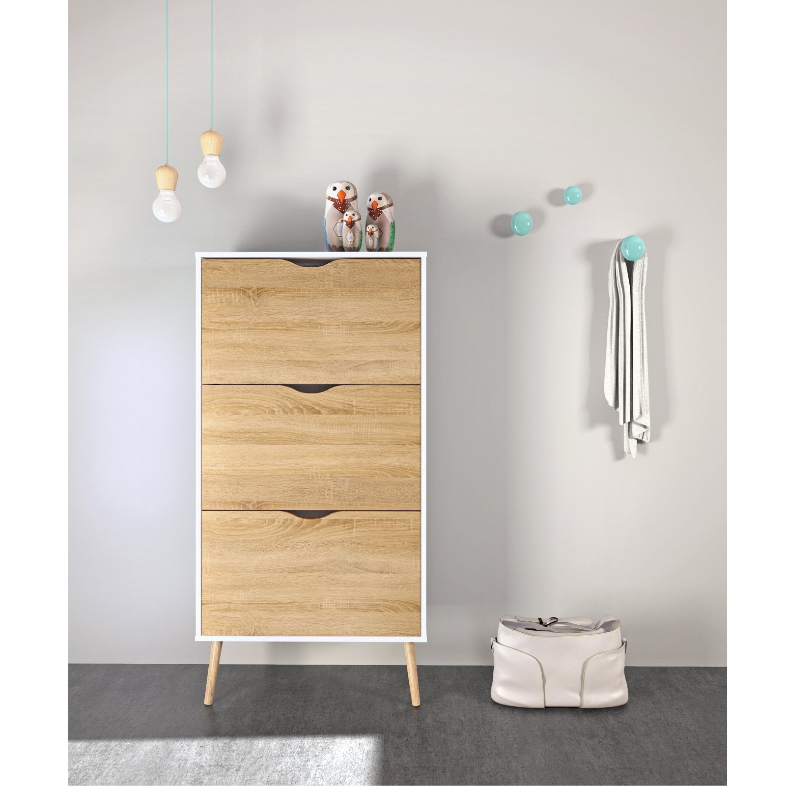 Diana 3-Drawer Shoe Accent Cabinet， accommodates  18-21 Pairs of Shoes; White/Oak Structure