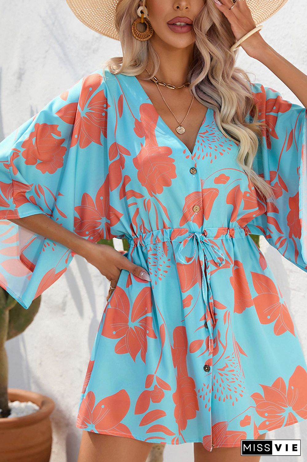 Open Button V Neck Drawstring Flare Sleeves Floral Dress