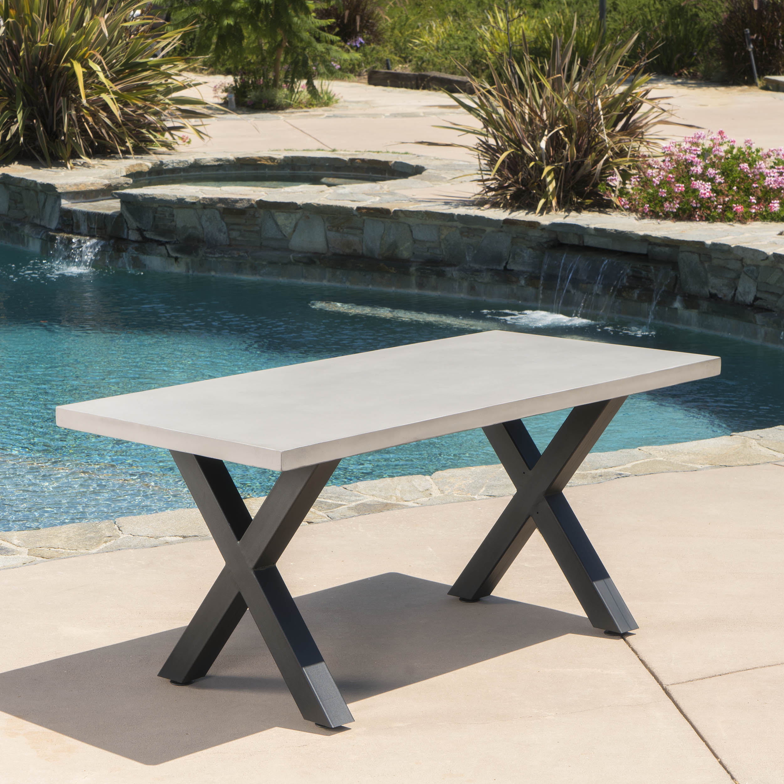 Galatian Outdoor White Lightweight Concrete Dining Table w/ Black Iron Legs