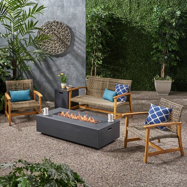 Augusta 5pc Wood amp Wicker Chat Set With Fire Pit Natural gray dark Gray Christopher Knight Home