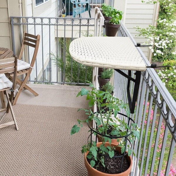 Indoor and Outdoor Foldable Wicker Balcony Table with Metal Frame and Adjustable Clamps