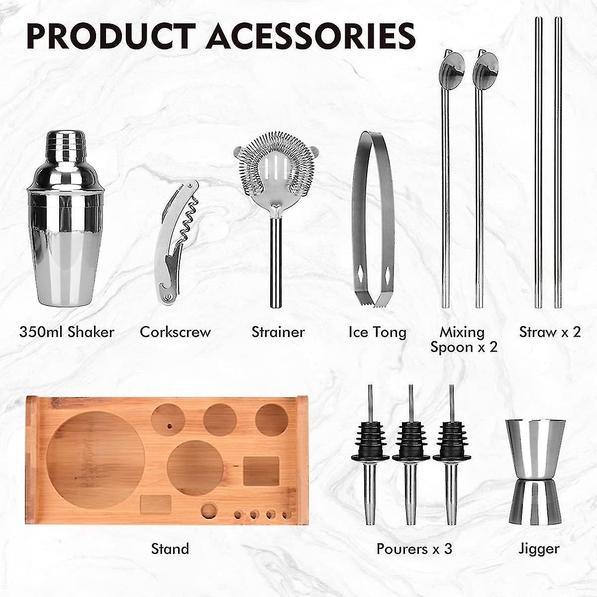 Cocktail Making Set Stainless Steel Shaker Set With Bamboo Rack (13 Pieces， 350ml) (h-2)