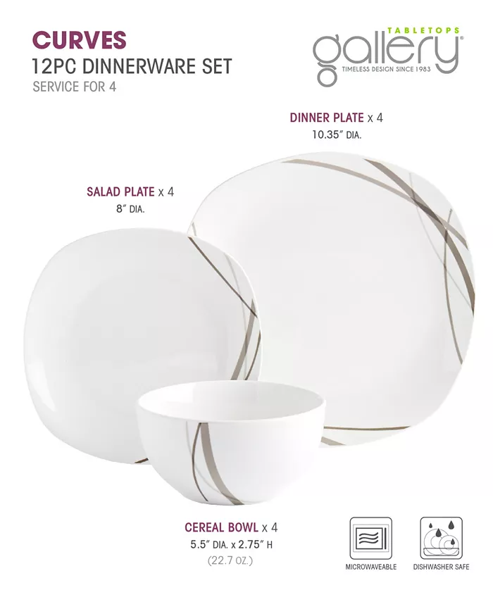 Tabletops Unlimited Curves Square 12-Pc Dinnerware Set Service for 4