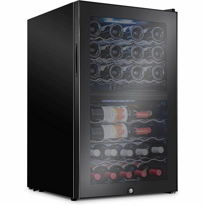 Ivation 43-Bottle Dual Zone Wine Cooler， Freestanding Wine Fridge with Lock