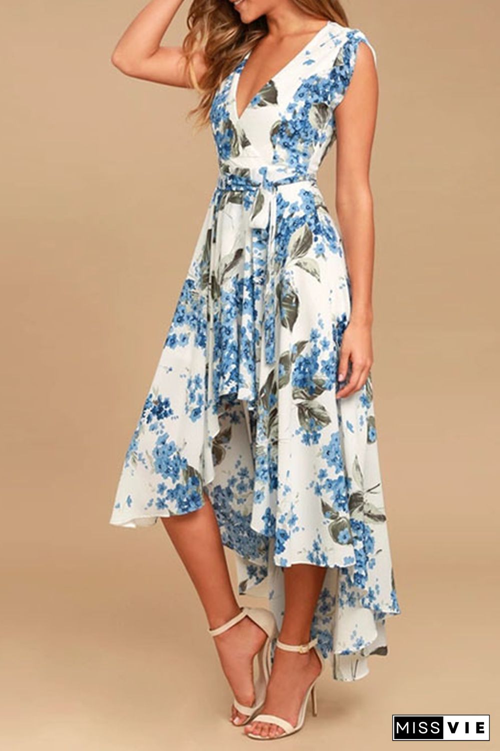 Elegant Floral Frenulum With Belt Irregular Dress Dresses