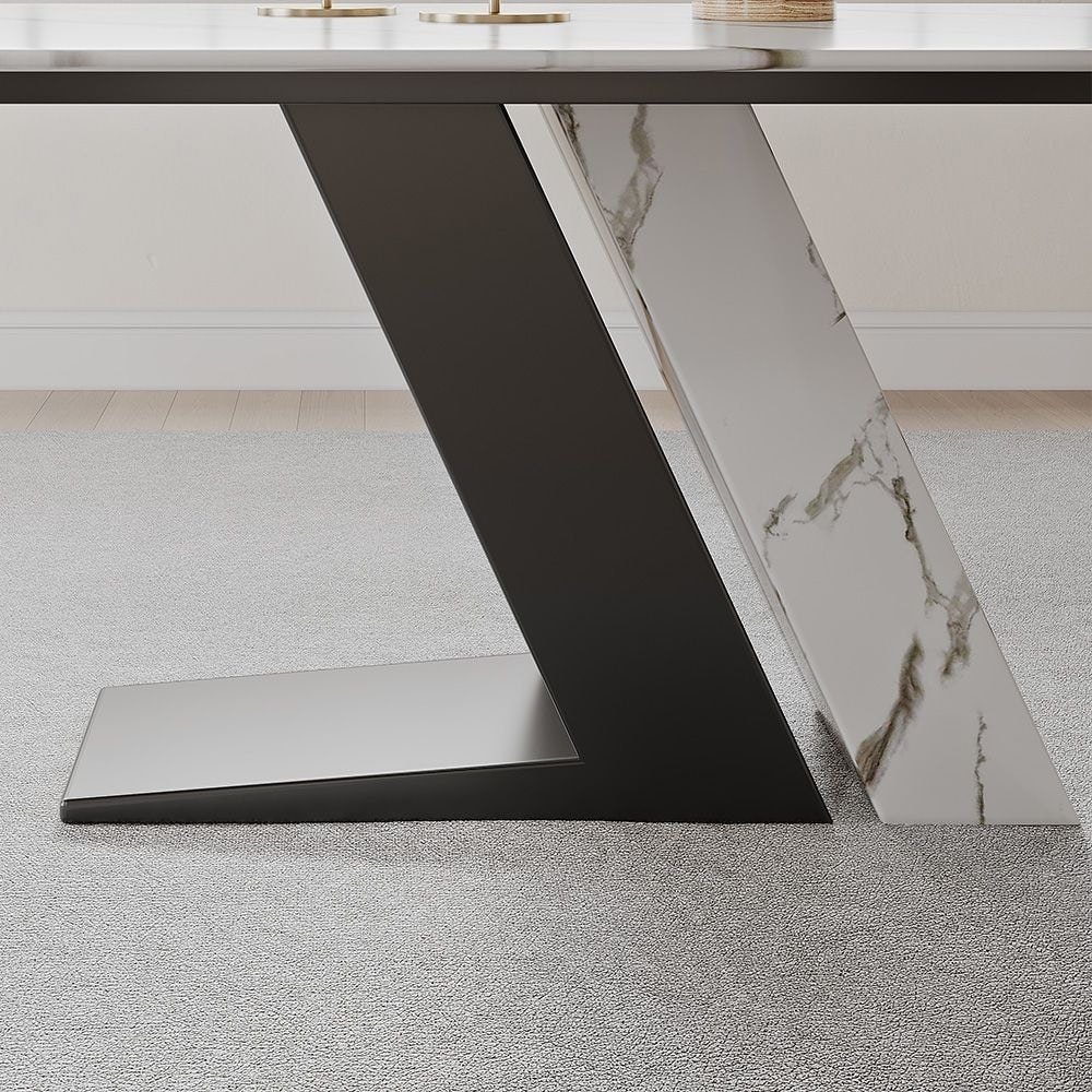 Modern and Luxury White Dining Table  with Rectangular Sintered Stone Tabletop Z shaped Stainless Steel Base