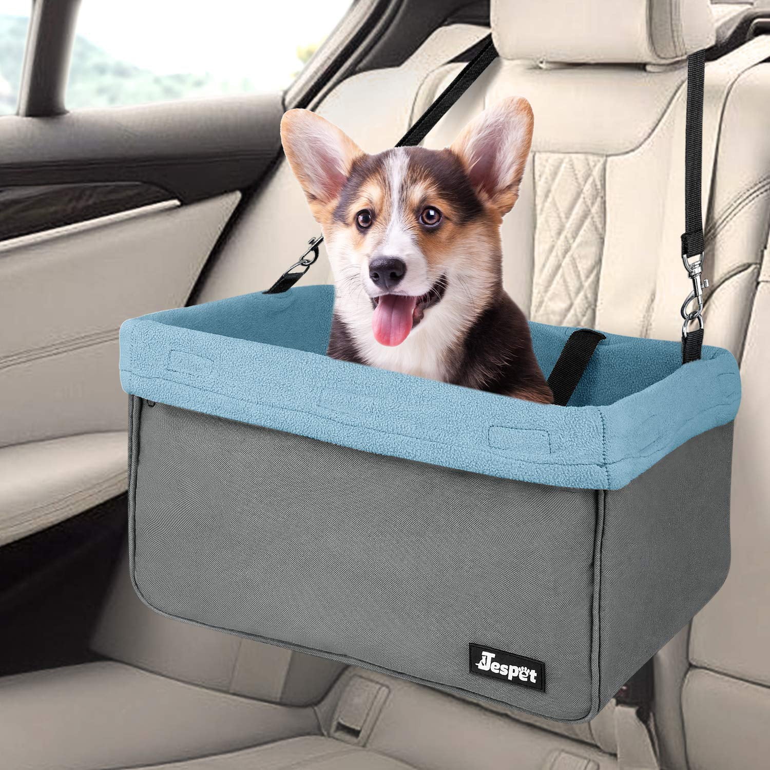 GOOPAWS Car Travel Dog Booster Seat， Elevated Pet Bed for Cars， Portable Pet Car Seat Travel Carrier with Seat Belt for 24lbs Pets