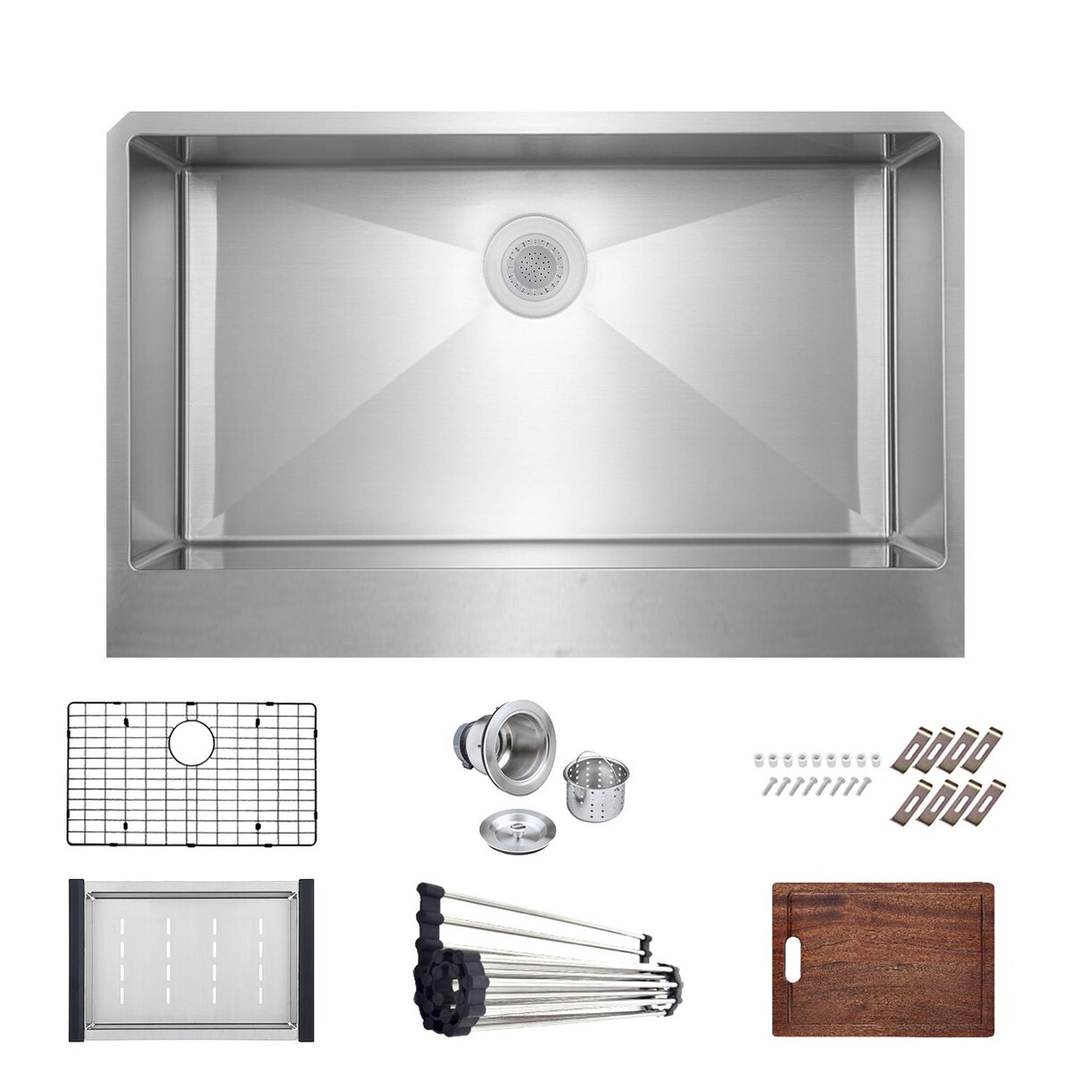 Signature Farmhouse Flat Apron Stainless Steel 33-Inch Workstation Sink W/Grid， Strainer and 3 Accessories