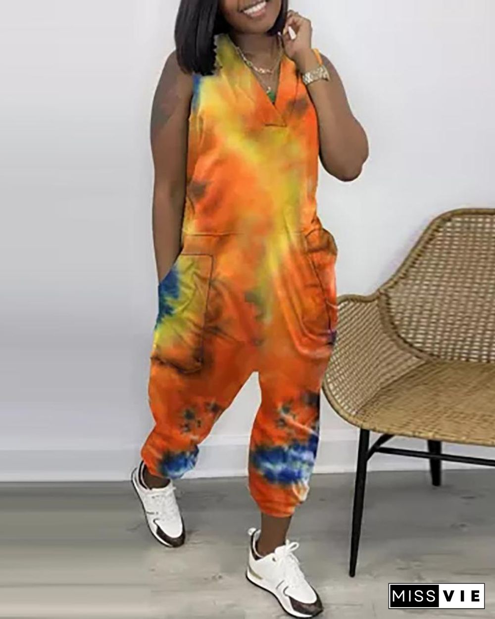 Tie Dye Print Pocket Design Sleeveless Jumpsuit