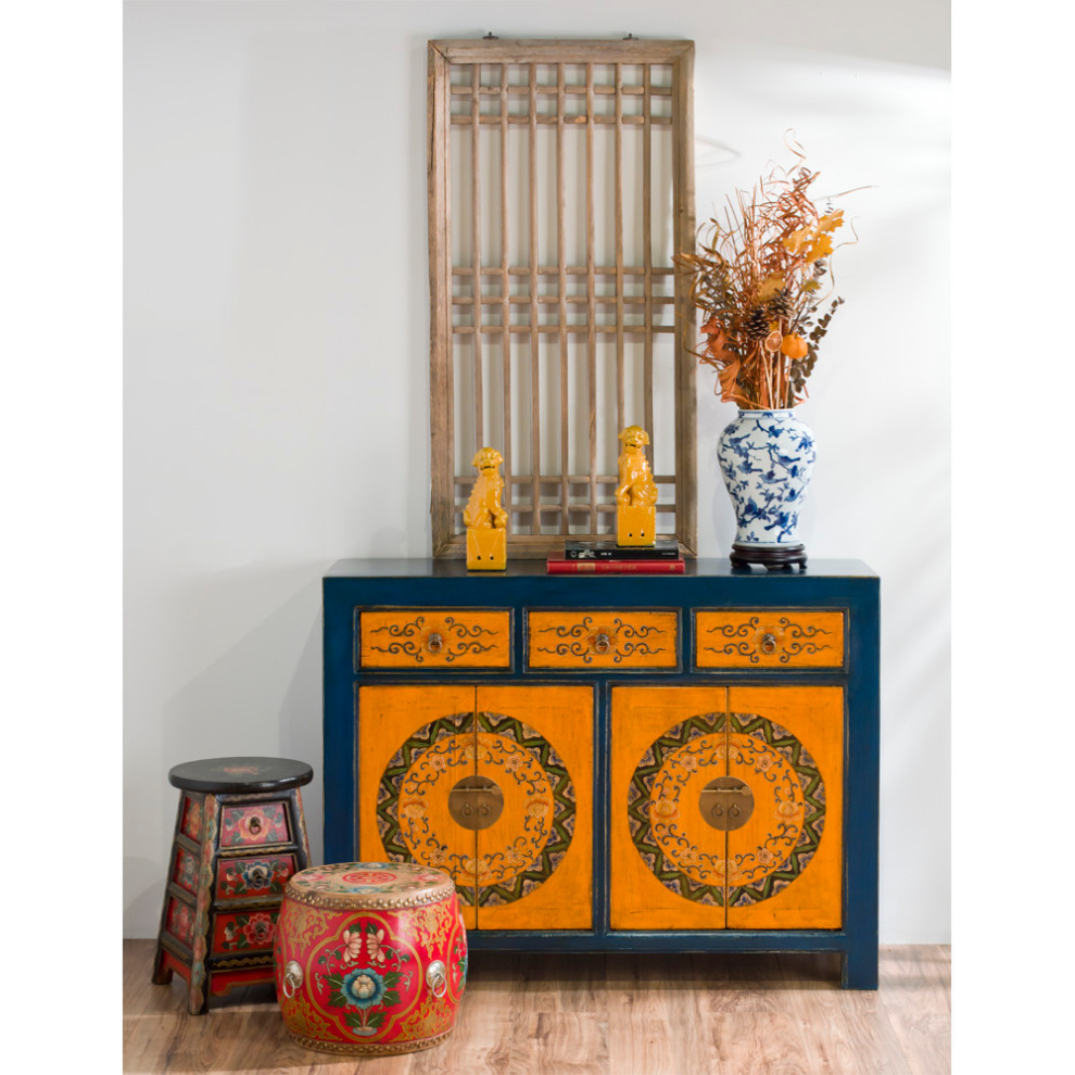 Hand Painted Distressed Blue and Yellow Tibetan Cabinet   Asian   Accent Chests And Cabinets   by China Furniture and Arts  Houzz