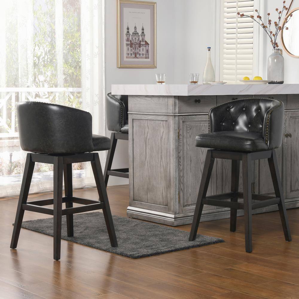 Jennifer Taylor Davidson 30 in. Swivel Low Back Bar Stool, Vintage Black Brown Faux Leather 81110-MFB