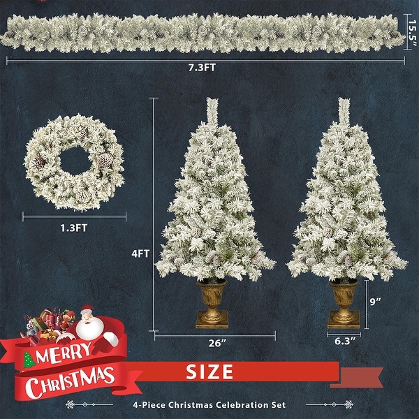 4Piece Flocked Christmas Wreaths and Garland Set，Artificial Xmas Tree Set w/ Pinecones and Berries