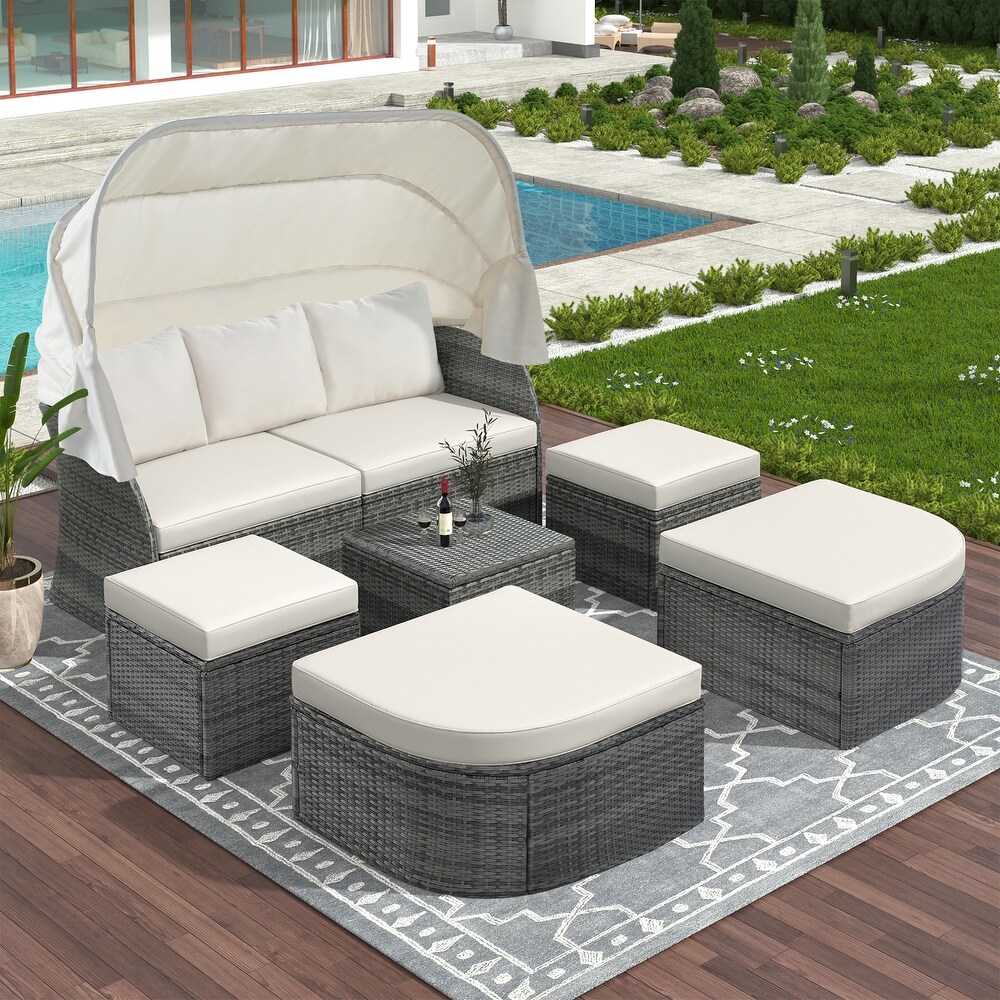 DIY Outdoor Sunbed Sofa Set with Coffee Table and Retractable Canopy