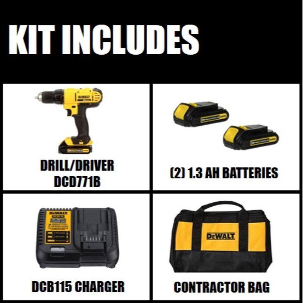 DW 20V MAX Cordless 12 in. DrillDriver (2) 20V 1.3Ah Batteries Charger and Bag DCD771C2