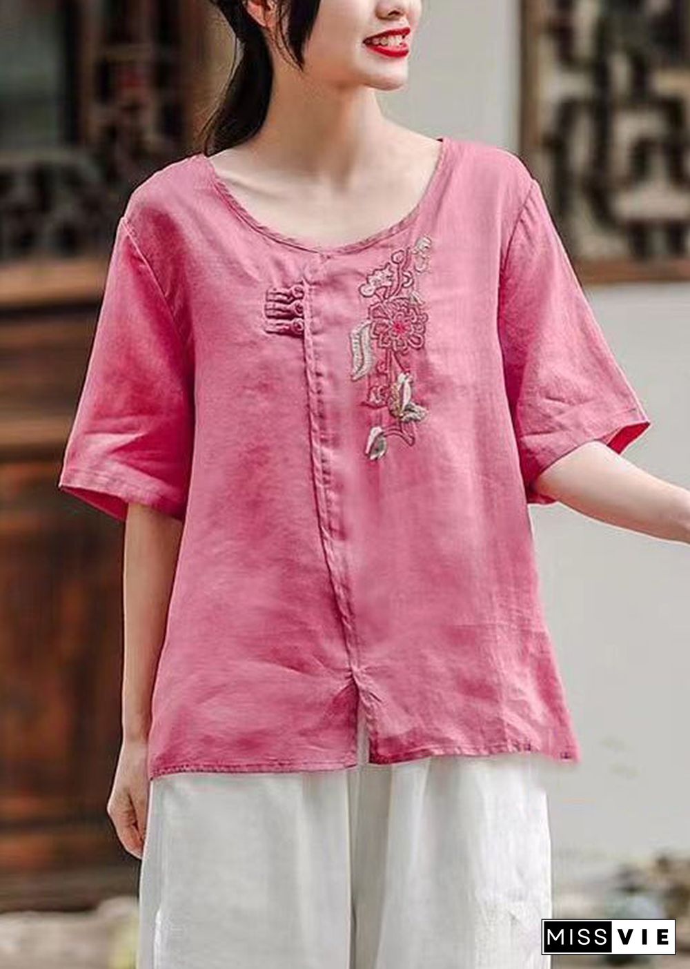 Women Rose O-Neck Side Open Patchwork Cotton T Shirt Summer