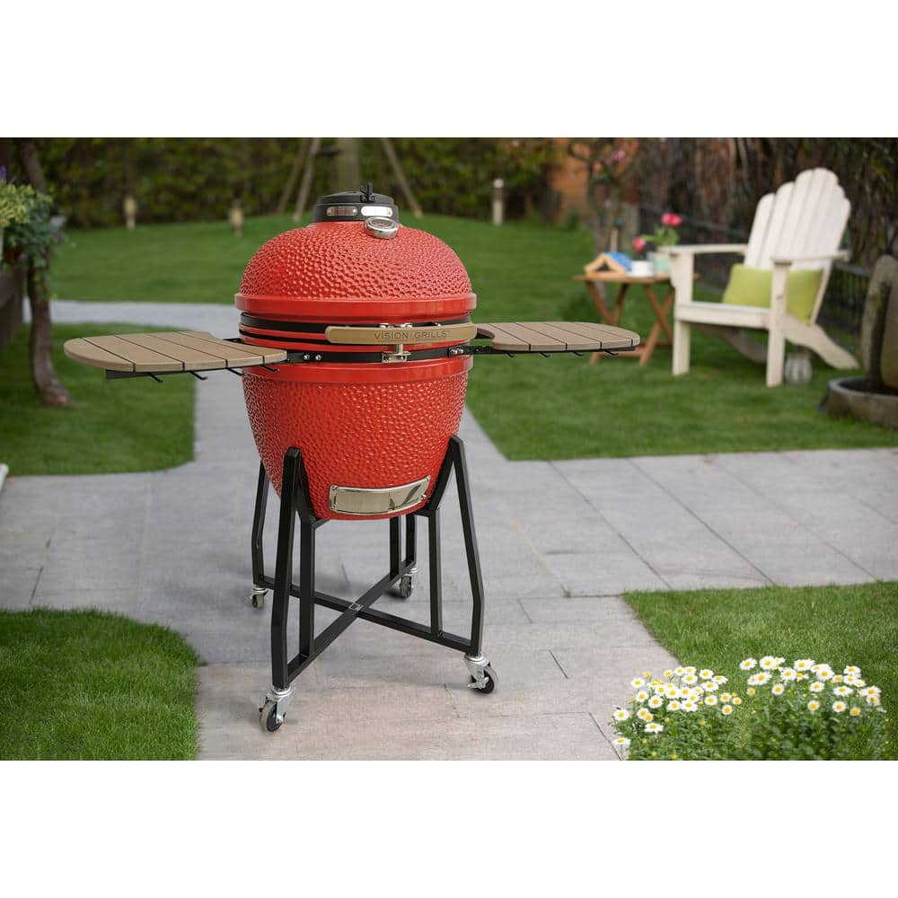 Vision Grills 22 in. Kamado HD Series Ceramic Charcoal Grill in Red with Side Shelves with Accessory Hooks, Cart and Cooking Grate B-R2C2AX-S