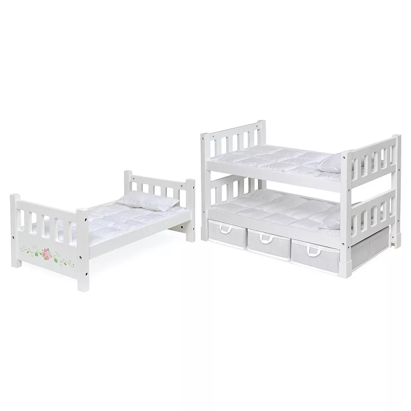 Badger Basket White Rose 1-2-3 Convertible Doll Bunk Bed with Storage Baskets