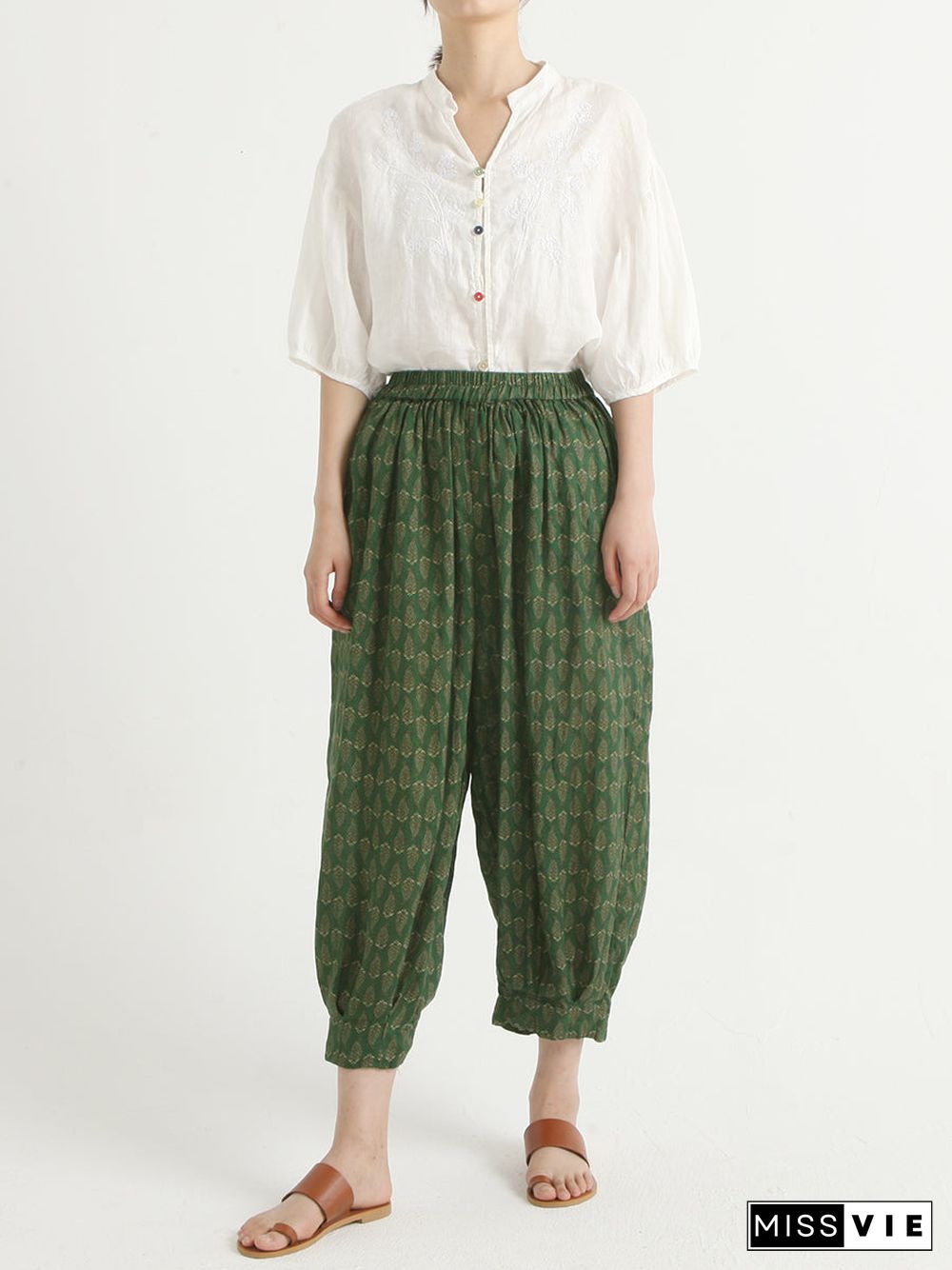 Linen Vintage Floral Women Loose Harem Pants