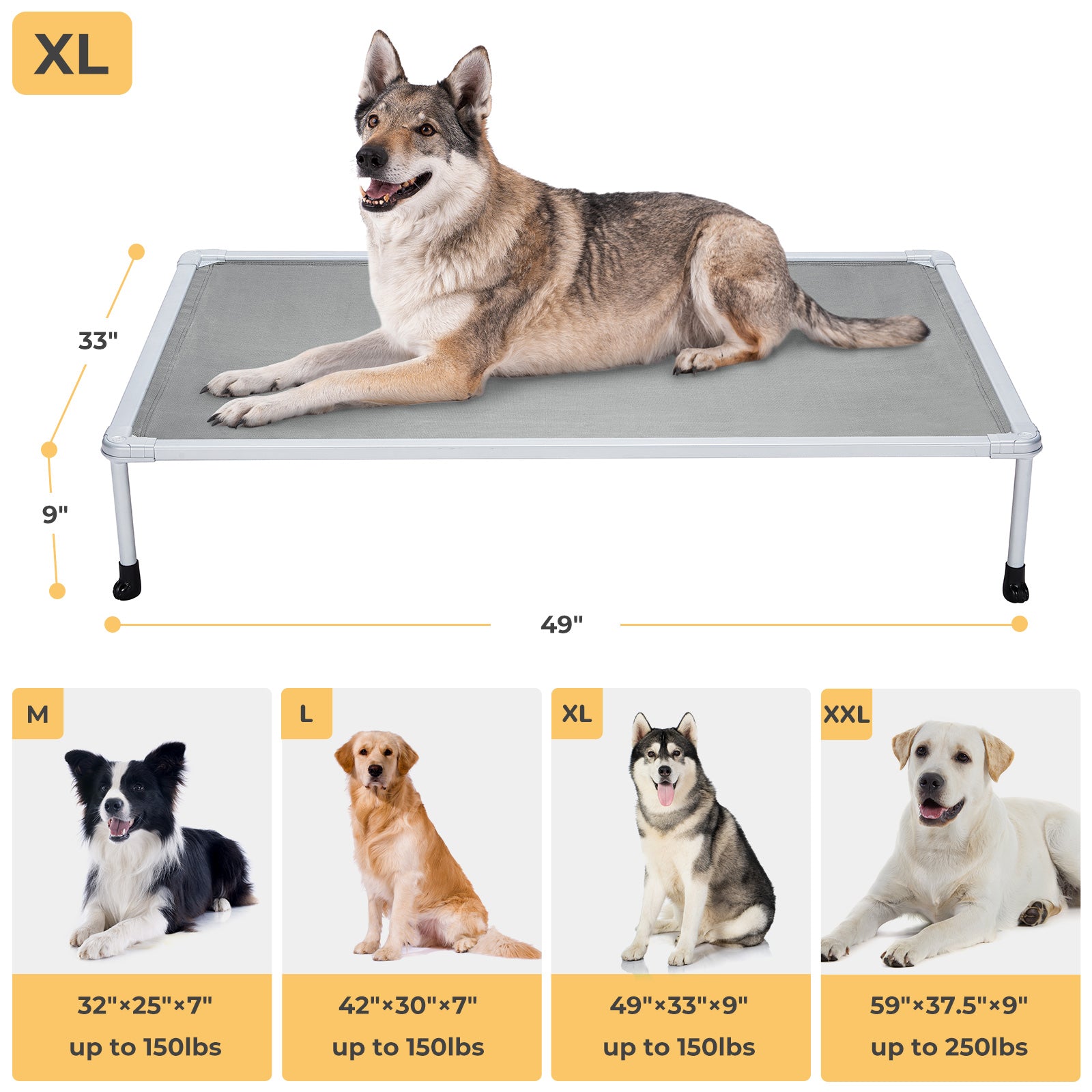 Veehoo Chewproof Dog Bed， Cooling Raised Dog Cots with Silver Metal Frame， X Large， Silver Grey