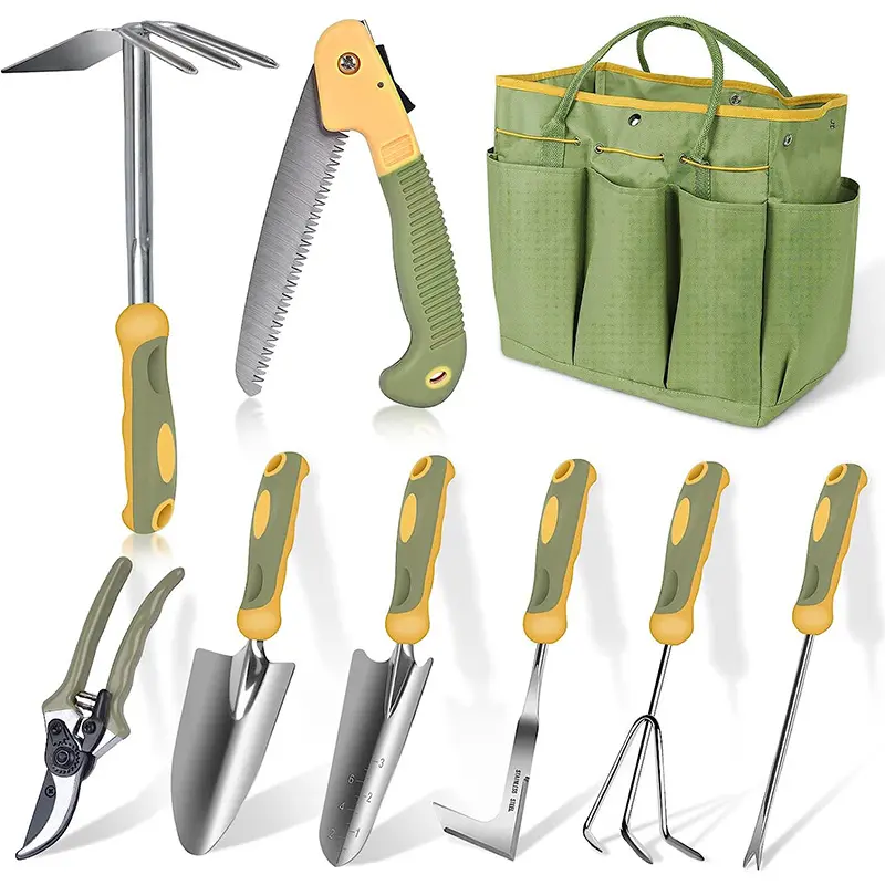 Custom 10 Pcs Stainless Steel Heavy Duty Gardening Tools Set with Folding Saw Garden Hand Tools Starter Kit Gift Sets for Women