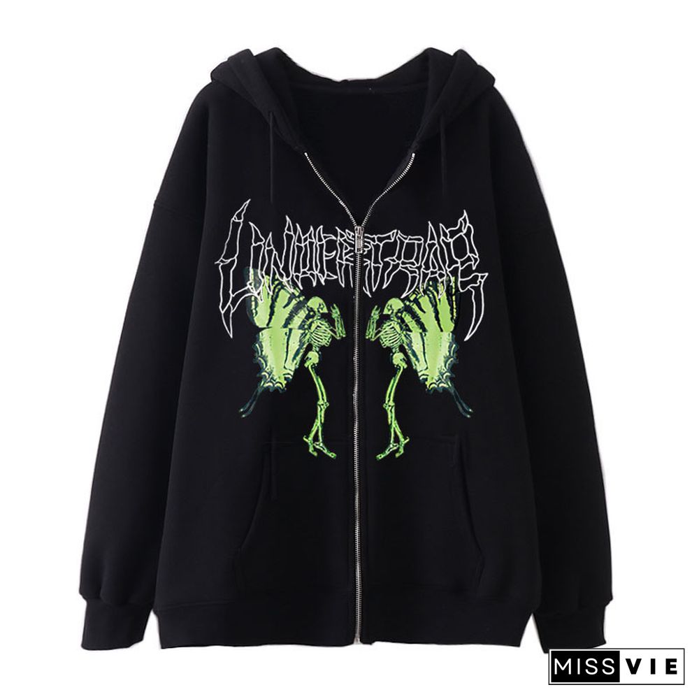 Gothic Jacket Aesthetic Zipper Long Sleeve Hooded Top With Pockets Y2k Women Punk Dark Academia Clothes Coat Streetwear