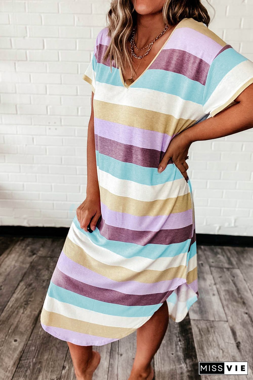 Striped Color Block V Neck T Shirt Midi Dress