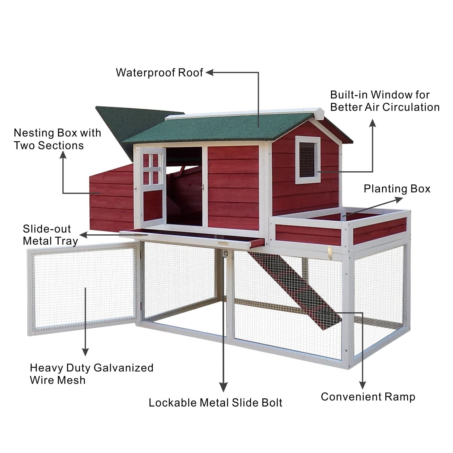 Pawhut 63 Wooden Backyard Chicken Coop With Garden Box， Run Area， Nesting Box， Red