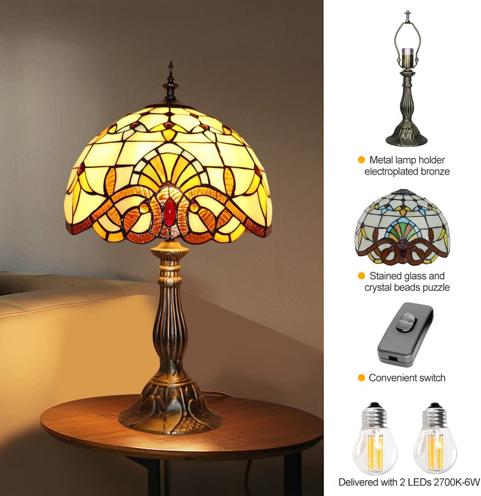 SHADY Tiffany Lamp Stained Glass Lamp 12x12x19 Inches Decorative Style Table Lamp for Living Room Bedroom with 2 LED Bulbs