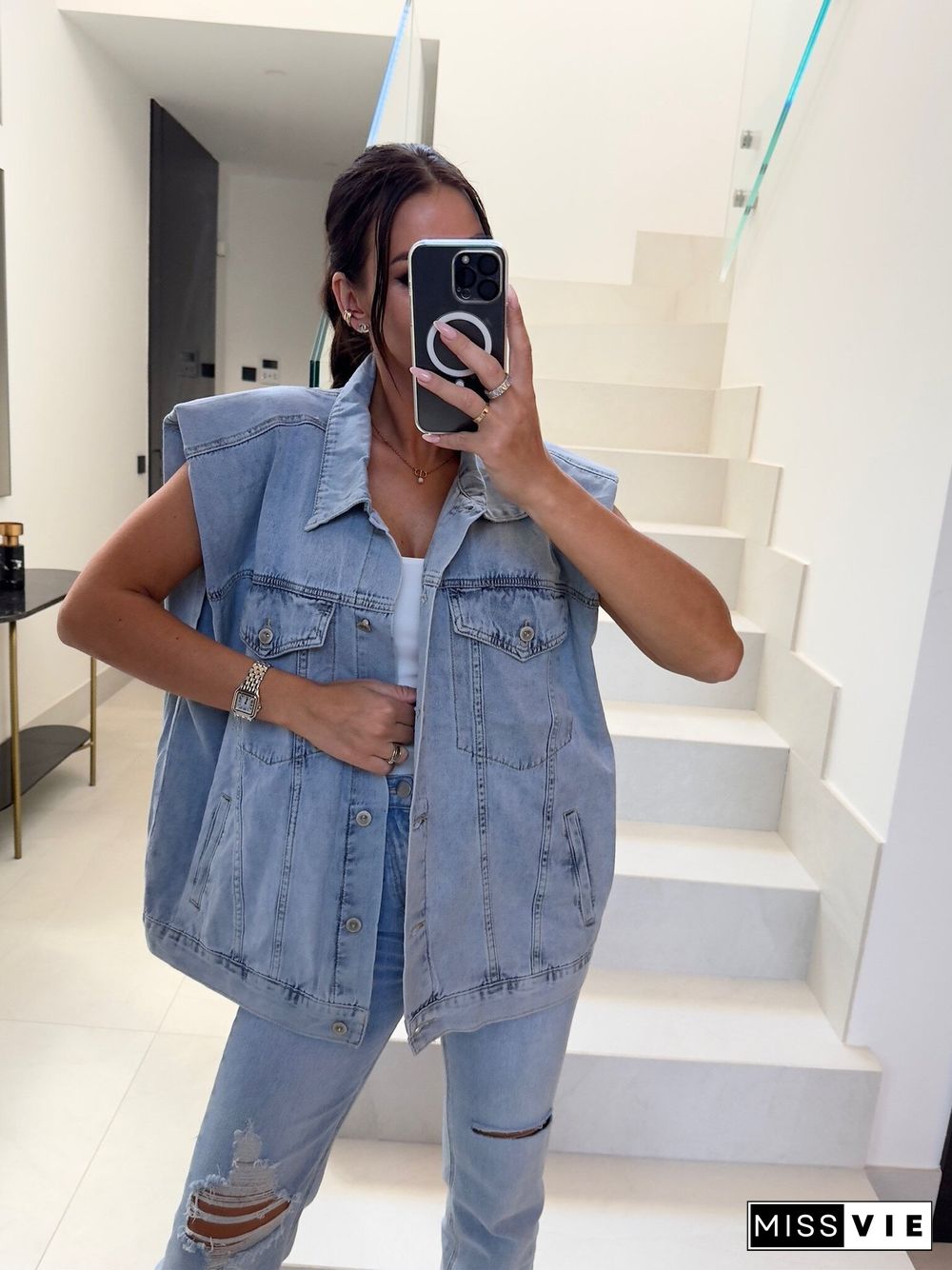 Open Button Pocket Denim Vest Jackets