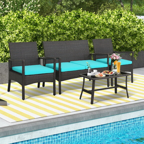 Costway 4 Pieces Rattan Conversation Set with Temp...