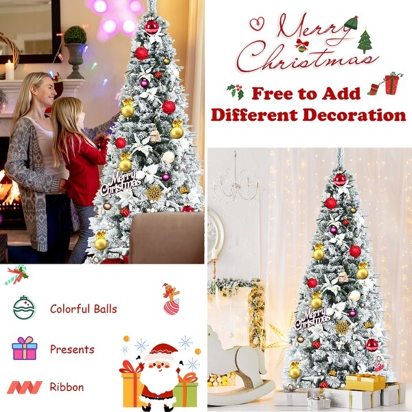 Gymax 5/6/7/8 FT Artificial Snow Flocked Pencil Christmas Tree w/