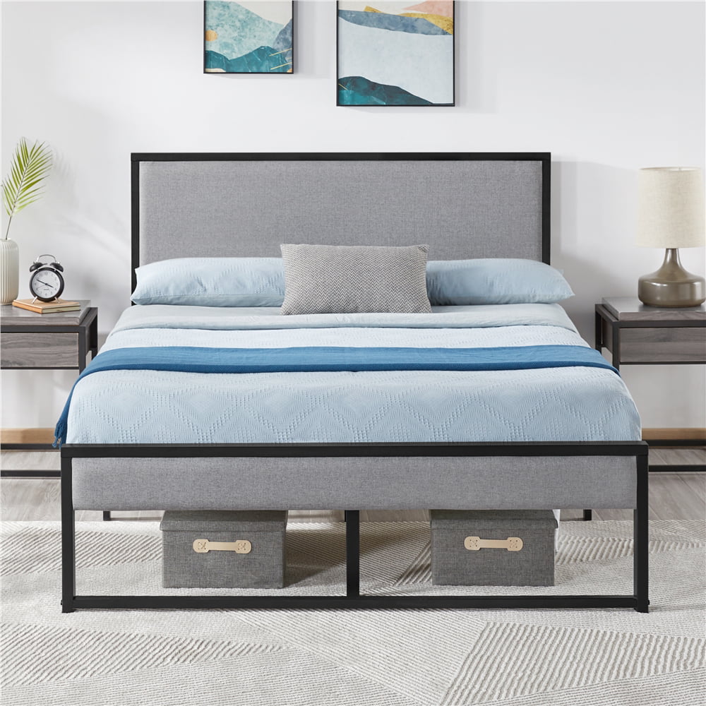 Easyfashion Metal Upholstered Platform Bed Base with Linen Headboard, Light Gray, Full