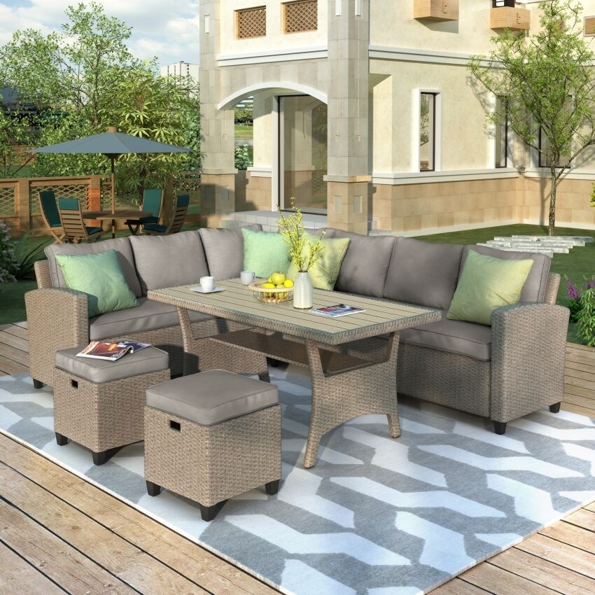 Patio Furniture Set  5 Piece Outdoor Conversation Set  Dining Table Chair with Ottoman and Throw Pillows