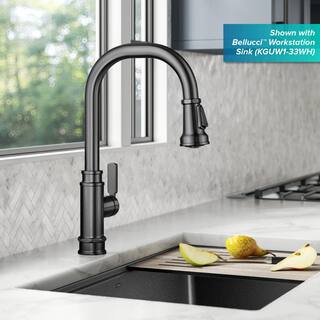 KRAUS Allyn Transitional Industrial Pull-Down Single Handle Kitchen Faucet in Spot-Free Black Stainless Steel KPF-4101SFSB