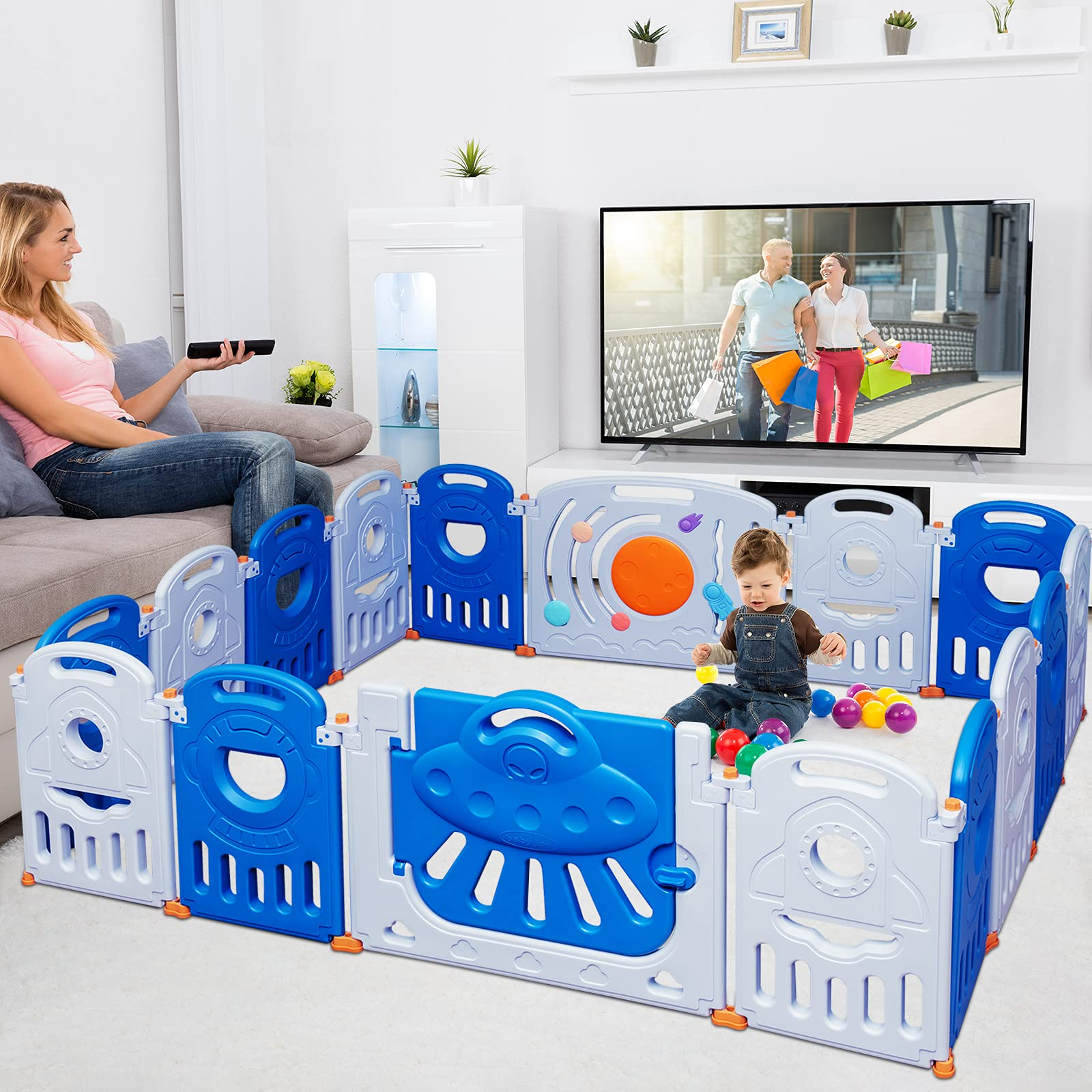 Costzon Baby Playpen - 16 Panel Foldable Thicken Baby Play Yards (Blue, 16-Panel)