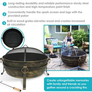 Sunnydaze Decor 34 in. x 23 in. Round Large Steel Cauldron Wood Fire Pit in Black with Spark Screen NB-CF34