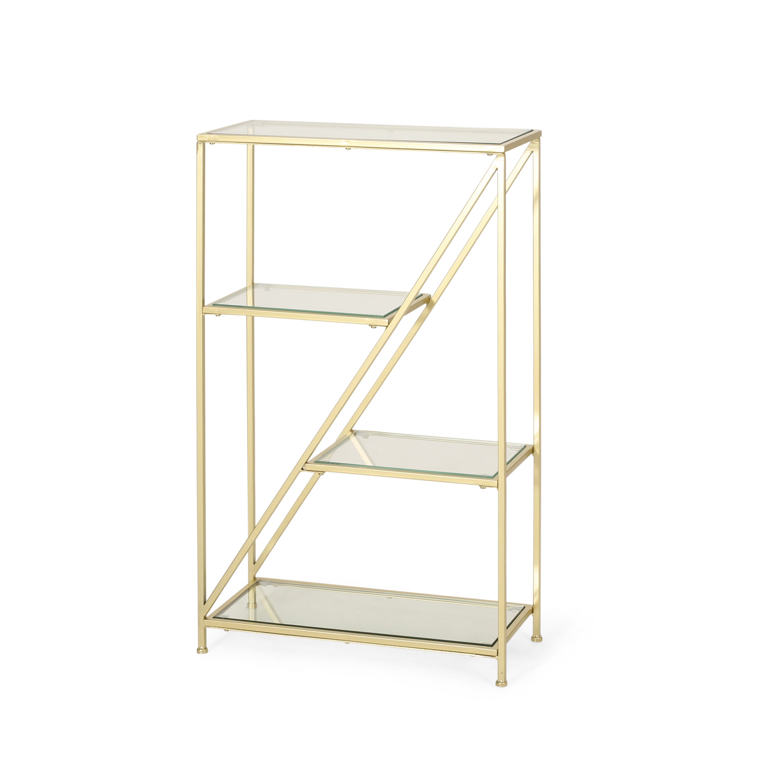 Wallner Modern Glam Tempered Glass 3 Shelf Asymmetrical Bookcase, Gold