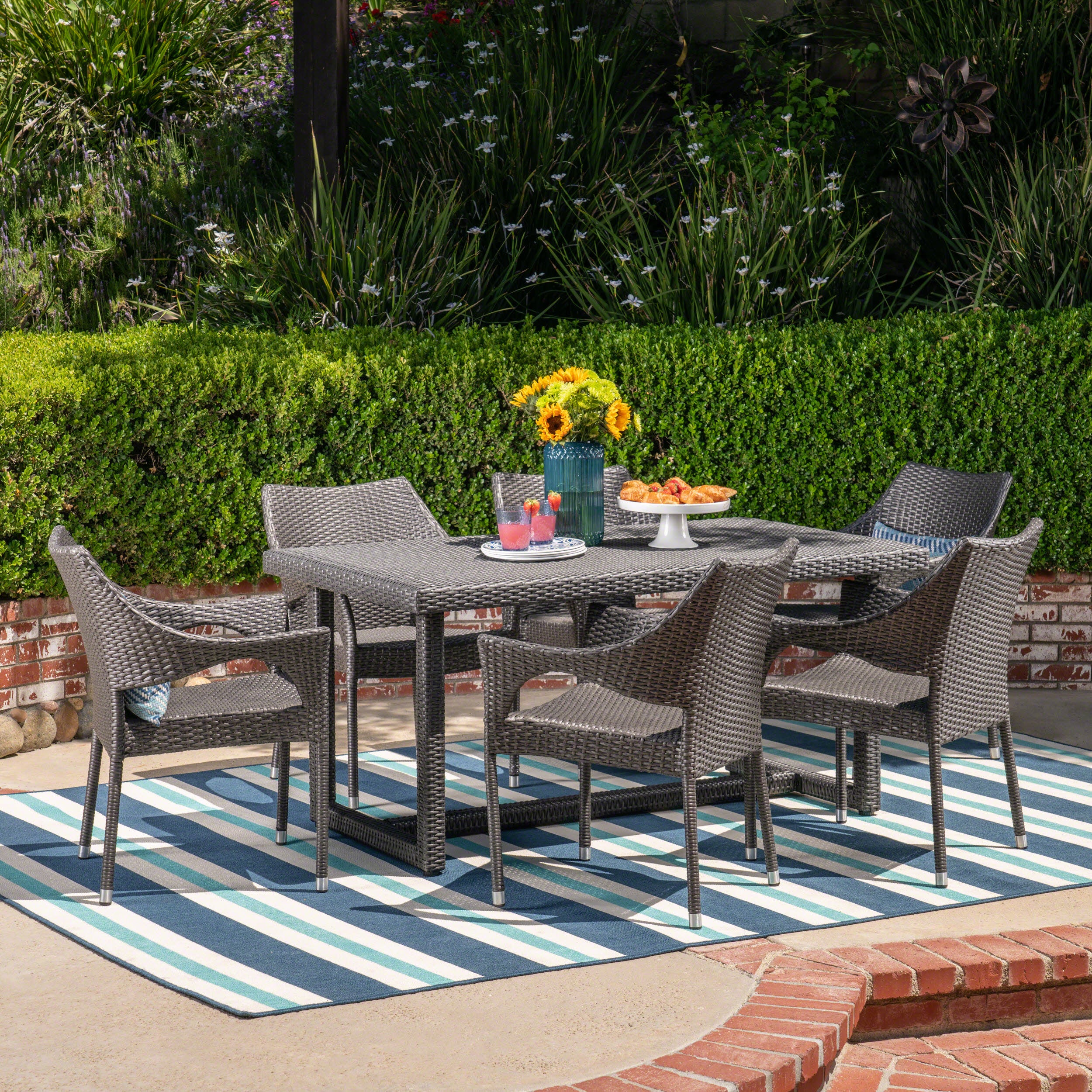 Olivia Outdoor 7 Piece Wicker Dining Set, Grey