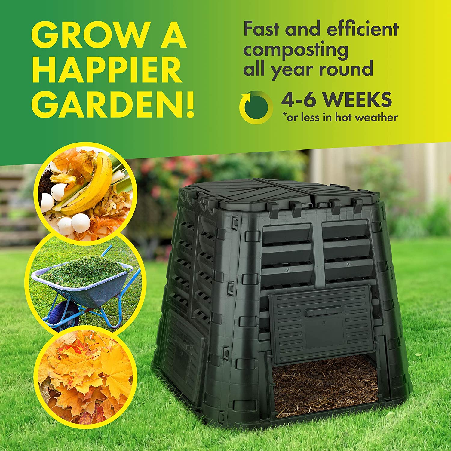 GEROBOOM Garden Composter Bin Made from Recycled Plastic \u2013 110 Gallons (420Liter) Large Compost Bin - Create Fertile Soil with Easy Assembly  Lightweight  Aerating Outdoor Compost Bo